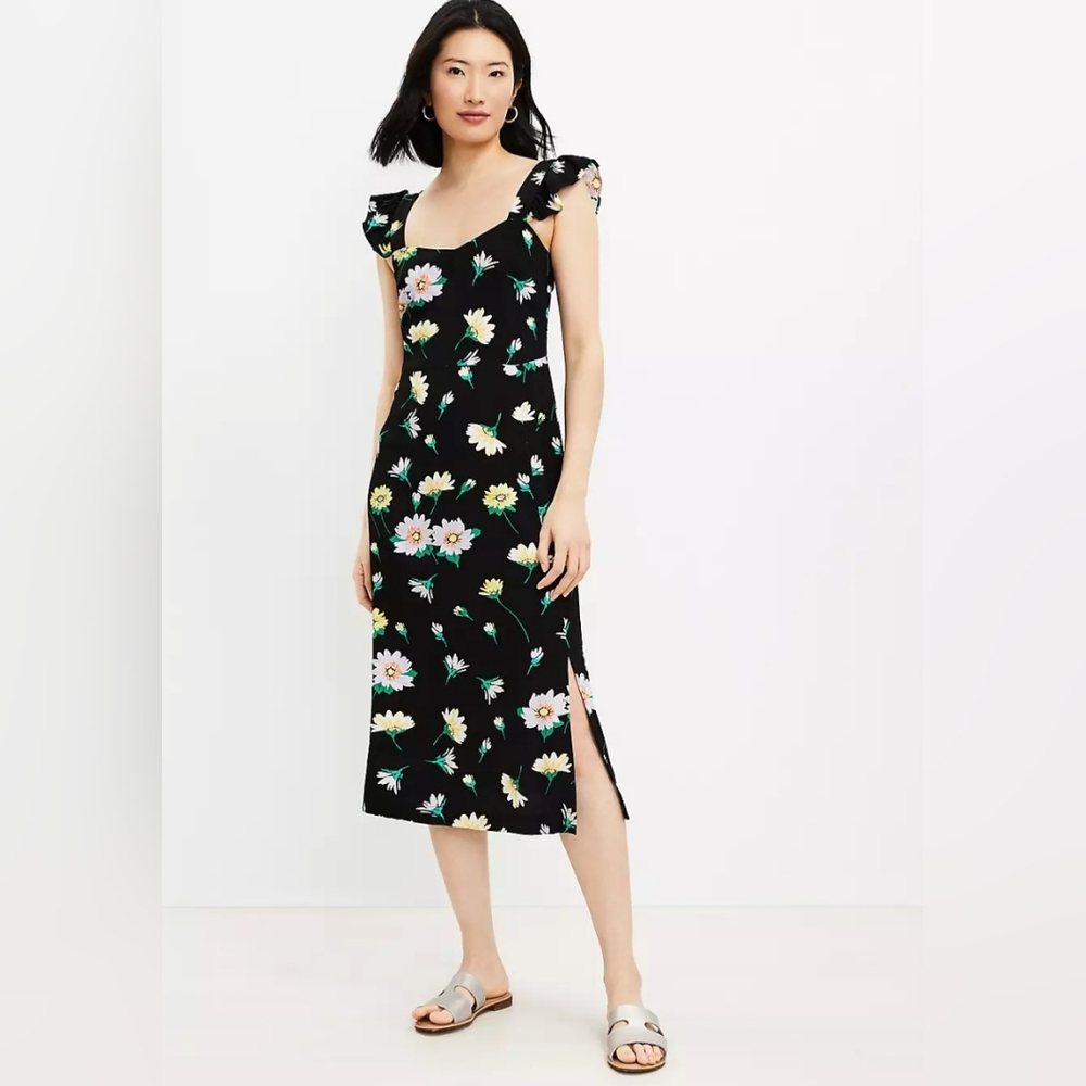 Loft Floral Ruffled Strap Slit Zip Midi Dress - Picture 8 of 8